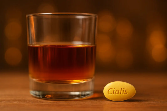 The thumbnail for the blog showing the science behind mixing alcohol with Cialis (glass of drink with cialis pill)