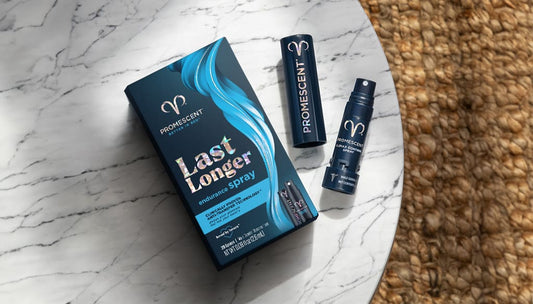 Promescent premature ejaculation spray on a wooden tray on table