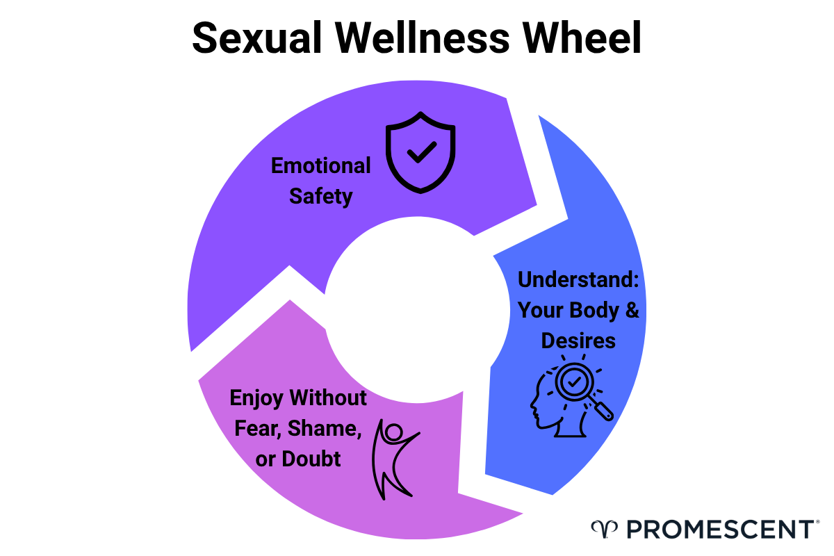 Sexual wellness wheel: emotional safety, understanding body and desires, enjoyment without fear, shame or doubt